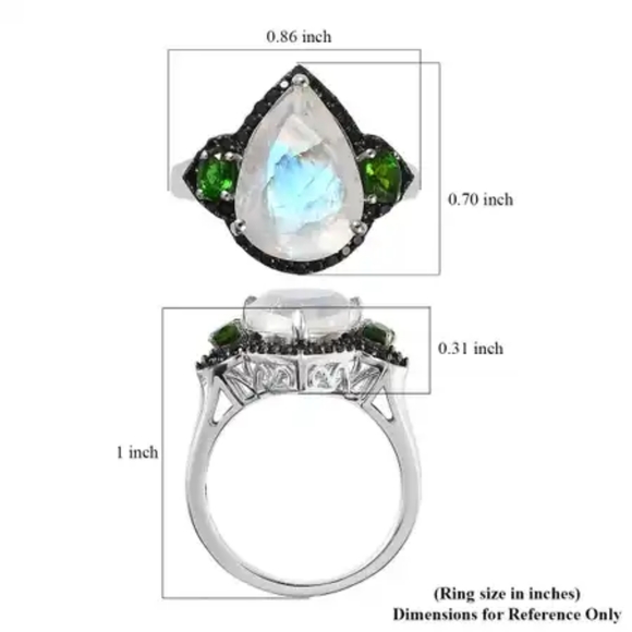Rainbow Moonstone with Chrome Diopside and Black Thai Spinel Ring Platinum O/SS - Picture 6 of 6
